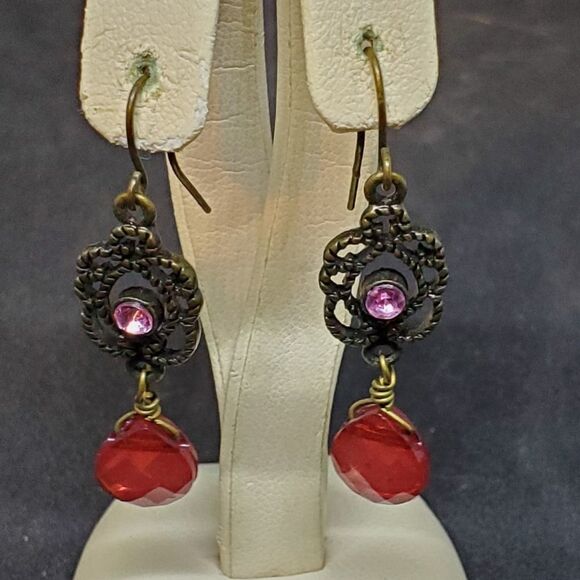 Pink & Gold Tone Dangling Hook Earrings - Picture 1 of 2